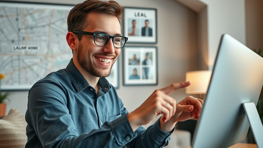 Social media marketer identifying and engaging a local audience on digital map, local social media campaign strategy, high fidelity lifelike workspace