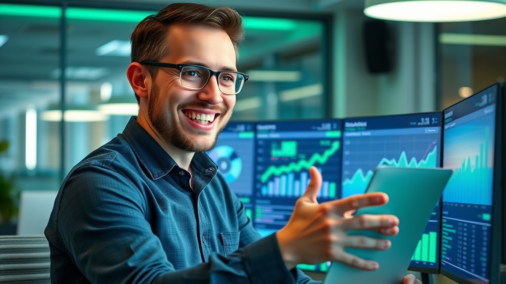 Entrepreneur reviewing branding video analytics for ROI - business video success