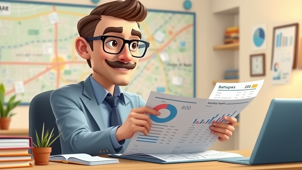 Baltimore small business owner planning marketing budget with neighborhood map and charts