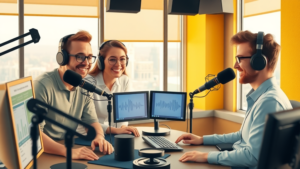 creative team working together in a stylish Baltimore podcast studio, reviewing waveforms, showing collaboration in podcast editing services baltimore