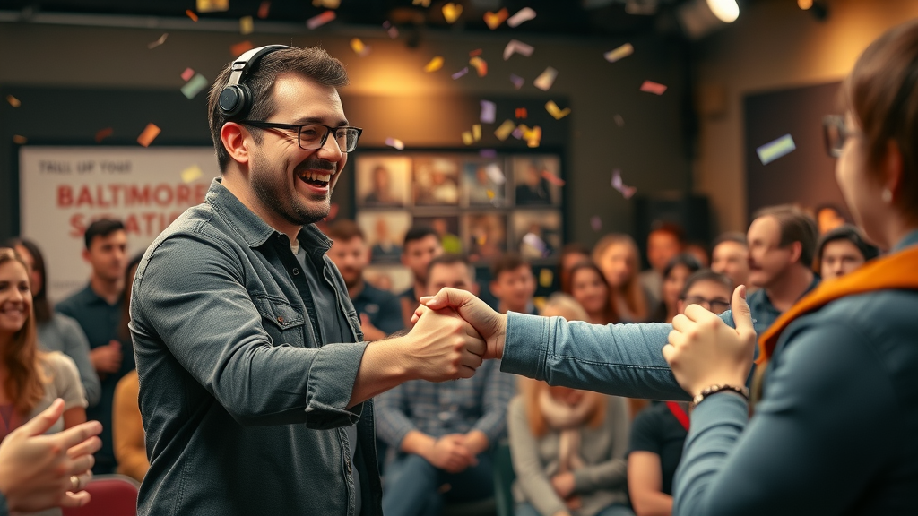 Baltimore business owner shaking hands with podcast audience after live recording, studio, confetti, warm lighting