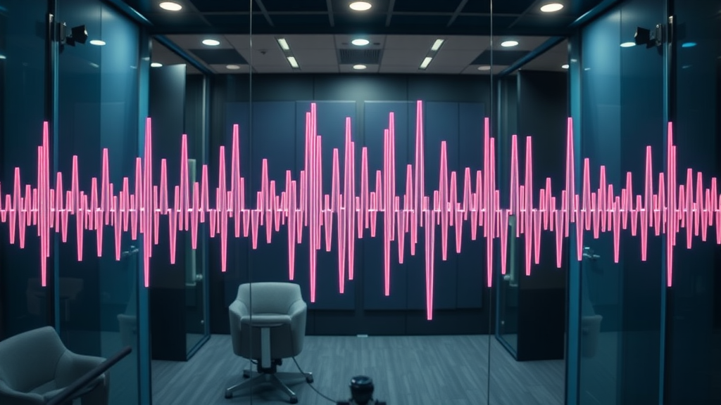 vibrant audio waveform in a modern podcast studio setting, visualizing improvement from raw to polished audio for podcast editing services baltimore