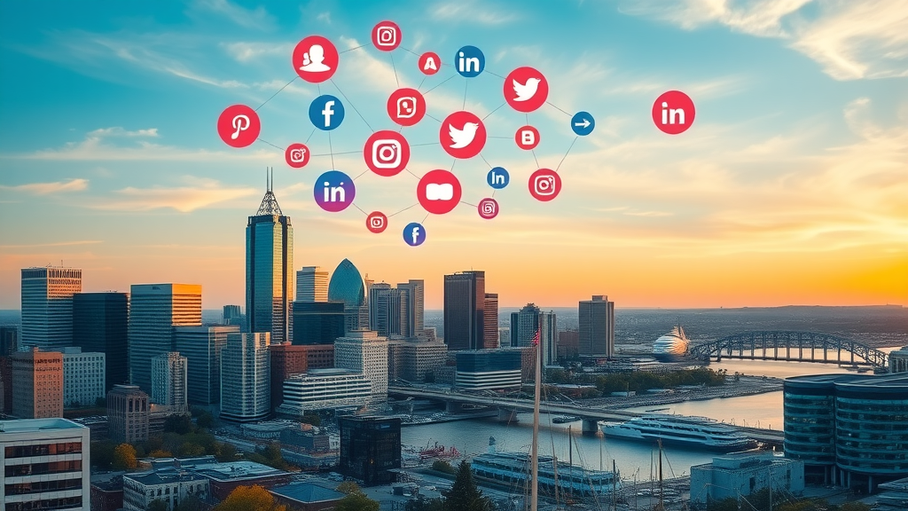 Vibrant Baltimore city skyline with interconnected social media icons floating above, sunrise over Inner Harbor, people interacting digitally. social media content planning Baltimore