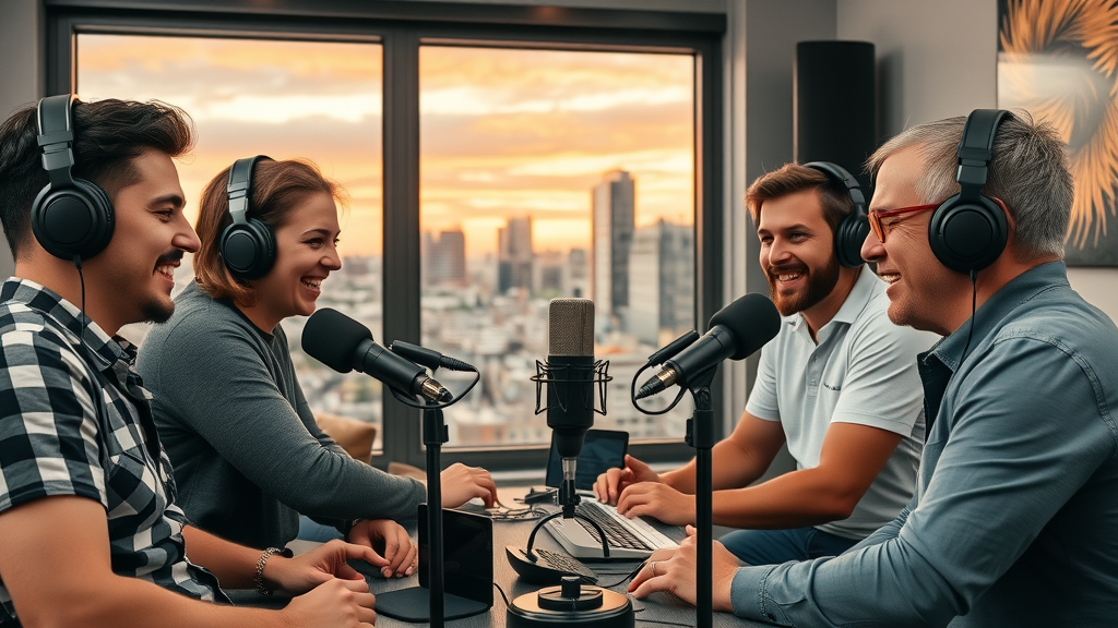 Vibrant Baltimore podcast studio with engaged podcast hosts and modern podcast equipment overlooking the Baltimore skyline at sunset. Podcast Equipment Baltimore.