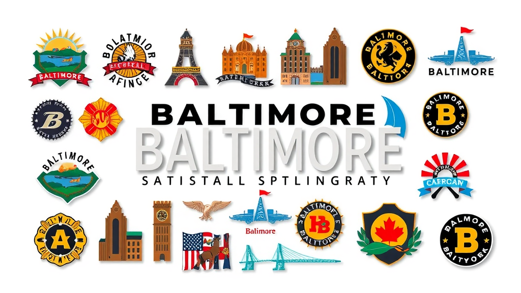 Brand Identity Baltimore: Collage of diverse, modern Baltimore logo designs with local iconography, bold colors