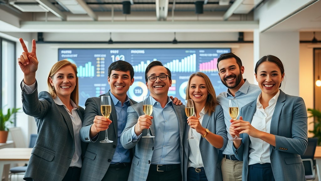 Business team celebrating digital brand management success with KPI dashboards displayed. management tool, brand management tools.