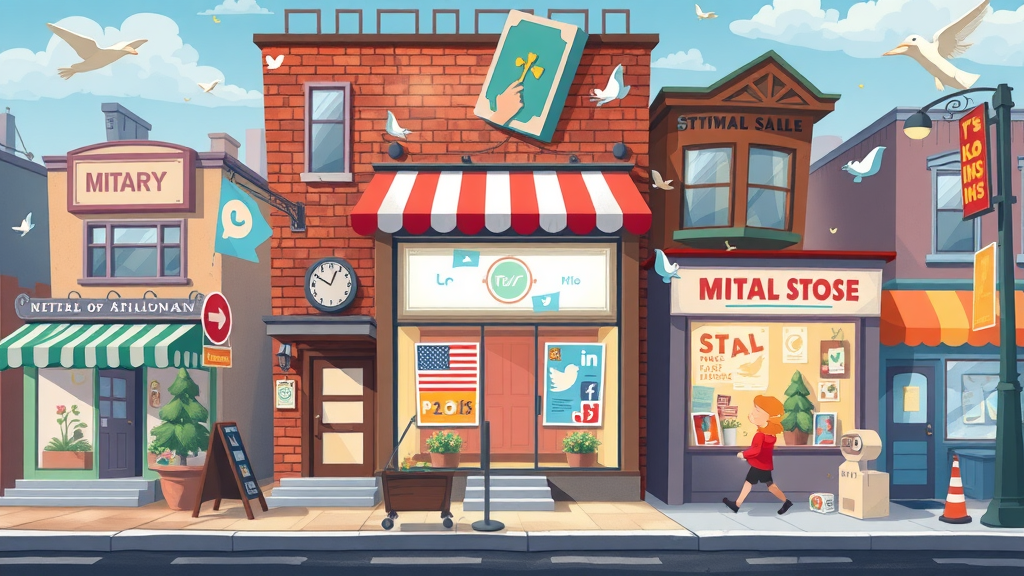 Traditional local business storefront transforming into modern online social media profile, digital marketing illustration, vibrant community