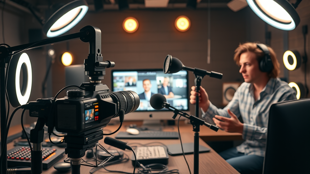 Small business video podcasting setup with cameras, ring lights, and wireless microphones