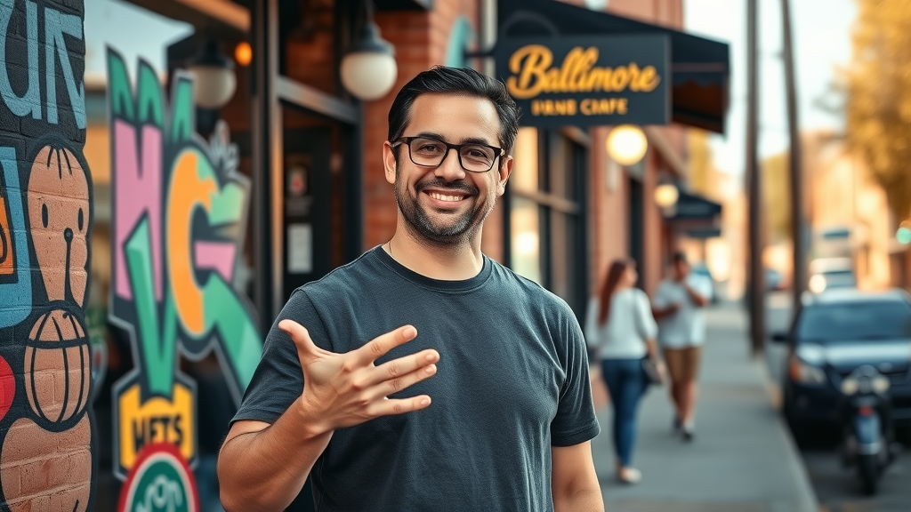 Brand Identity Baltimore: Local business owner in front of branded storefront, Baltimore mural and logo colors, welcoming look