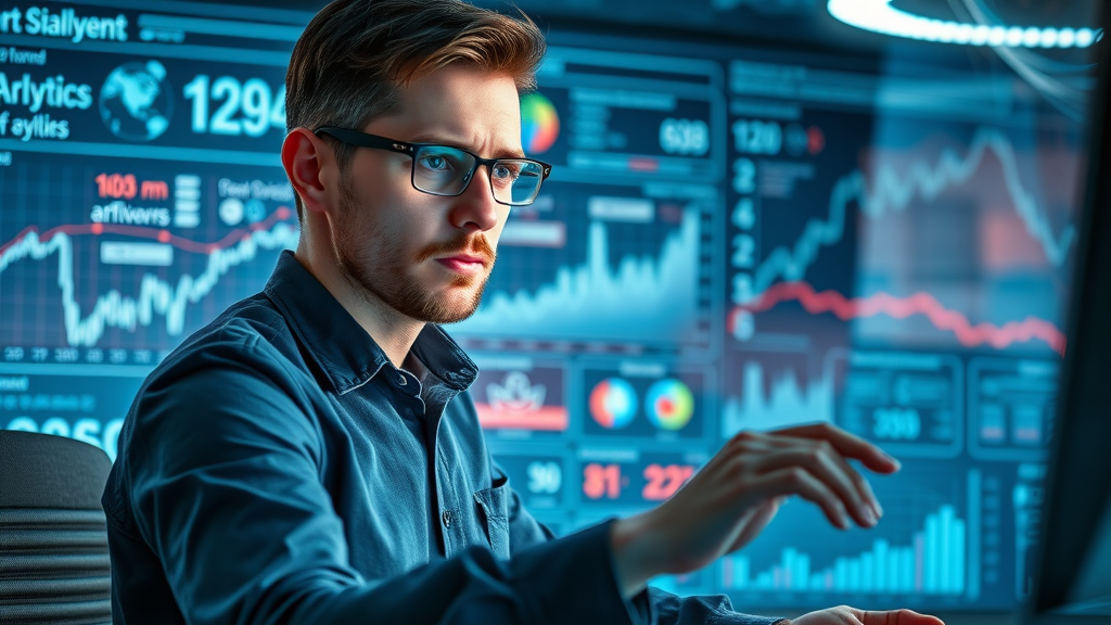 modern analytics dashboard, digital marketing Baltimore, focused analyst with city map