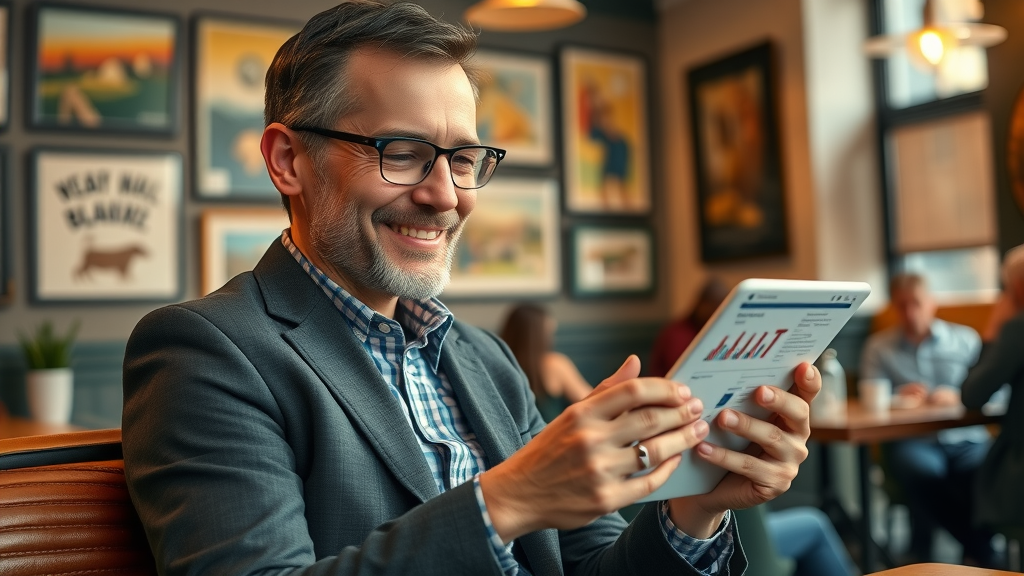 baltimore social media content strategy - Baltimore business owner reviews social media reports in local café, tablet in hand, warm ambiance, satisfied result
