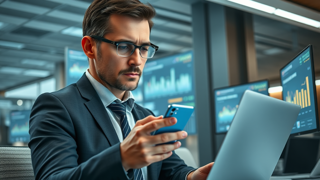A business professional analyzing online reviews and brand management data on digital devices in a modern office. online brand management.