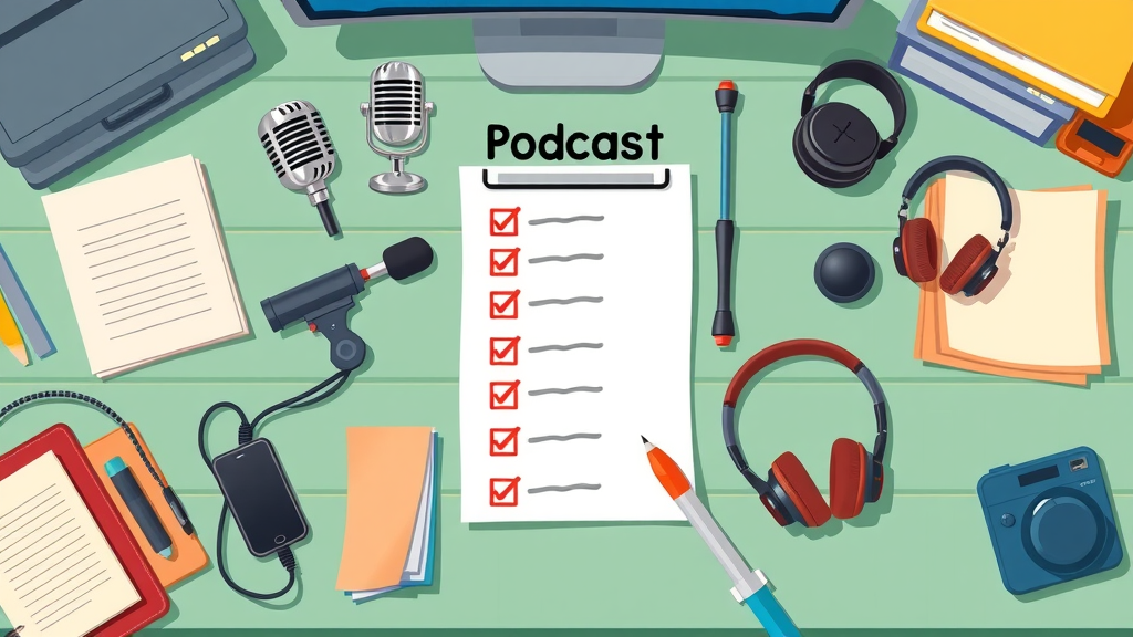 Small business podcast equipment checklist visually organized - mic, interface, boom arm, headphones, checklist paper