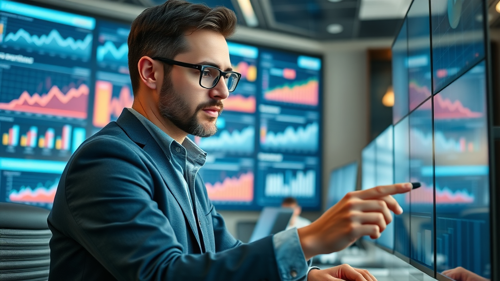 Digital marketer reviewing analytics dashboard to monitor online brand management, data visualizations present. management tool, digital brand.