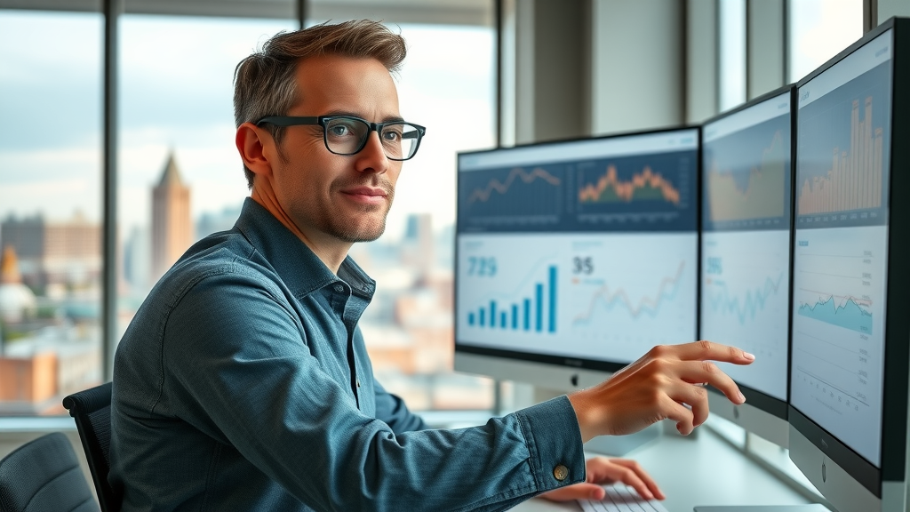 baltimore social media content strategy - professional strategist examining campaign analytics in Baltimore office with city skyline, creative workspace, data-driven social media management