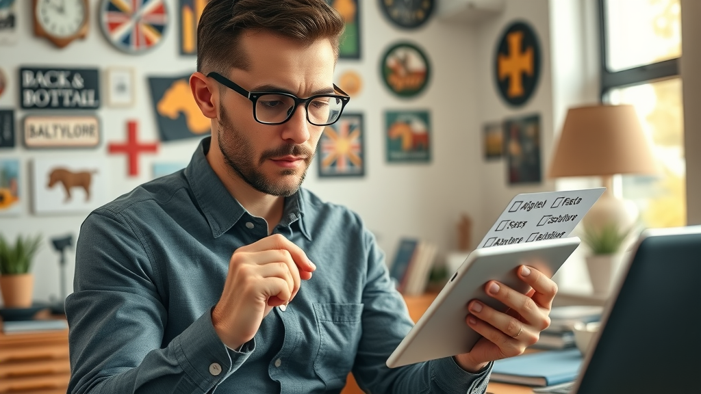 Business owner checks off digital SEO checklist on tablet, home office with Baltimore memorabilia