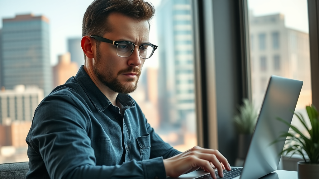 Baltimore small business owner analyzing digital marketing dashboard with city skyline in background