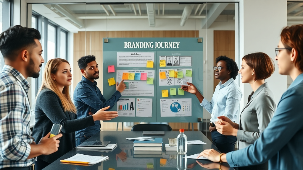 diverse team meeting, strategic discussion on brand strategy baltimore business branding, modern conference room with city views