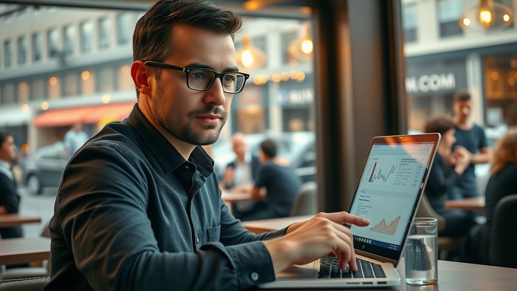 Professional marketer reviewing detailed analytics dashboards in a trendy Baltimore cafe with cityscape view