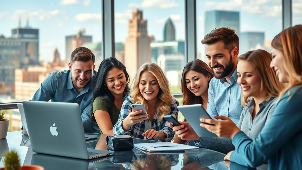 vibrant Baltimore cityscape digital marketing professionals agency office, Baltimore skyline, digital overlays, bustling team, sharp focus