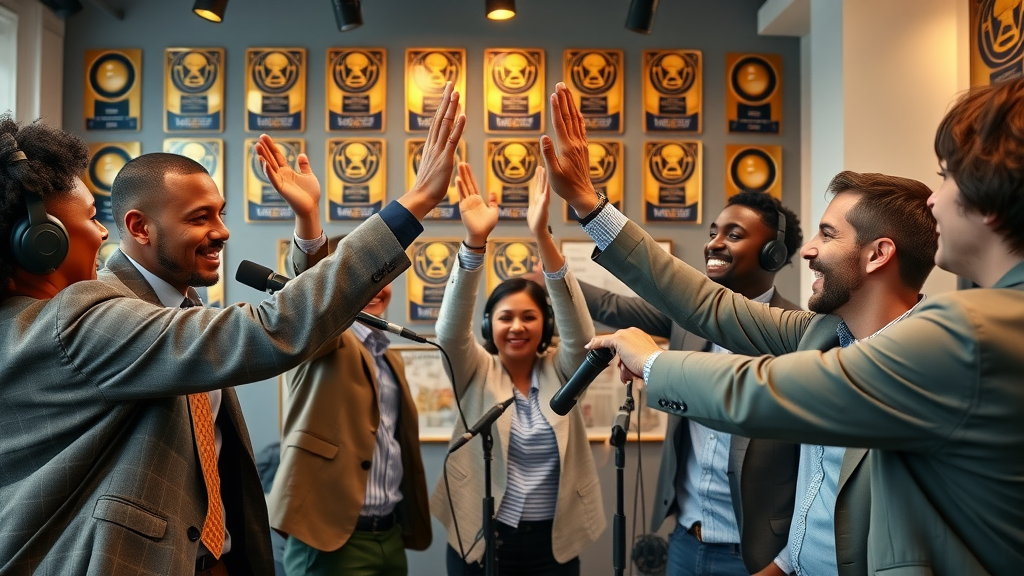 Diverse Baltimore podcast team high-fiving in modern podcast studio celebrating success, podcast equipment and awards in background. Podcast Equipment Baltimore.
