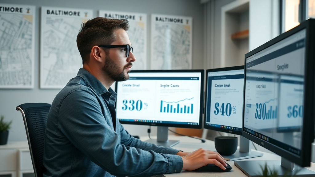 engaged marketing professional reviewing segmented email campaign performance on dual monitors, urban office with baltimore city maps, analytical, high fidelity, subtle gestures