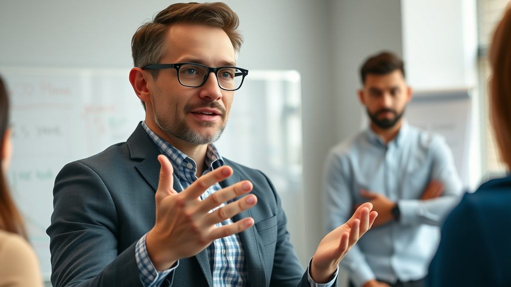 professional small business owner presenting video marketing strategy to team modern office