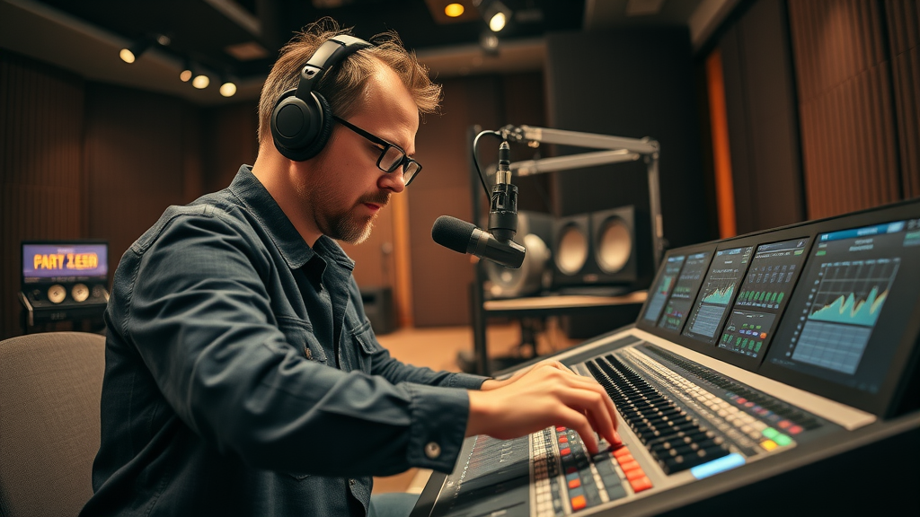 Modern audio engineer at Baltimore podcast recording studio adjusting controls on podcast mixer, showcasing soundproofing and advanced podcast production equipment. Podcast Equipment Baltimore.
