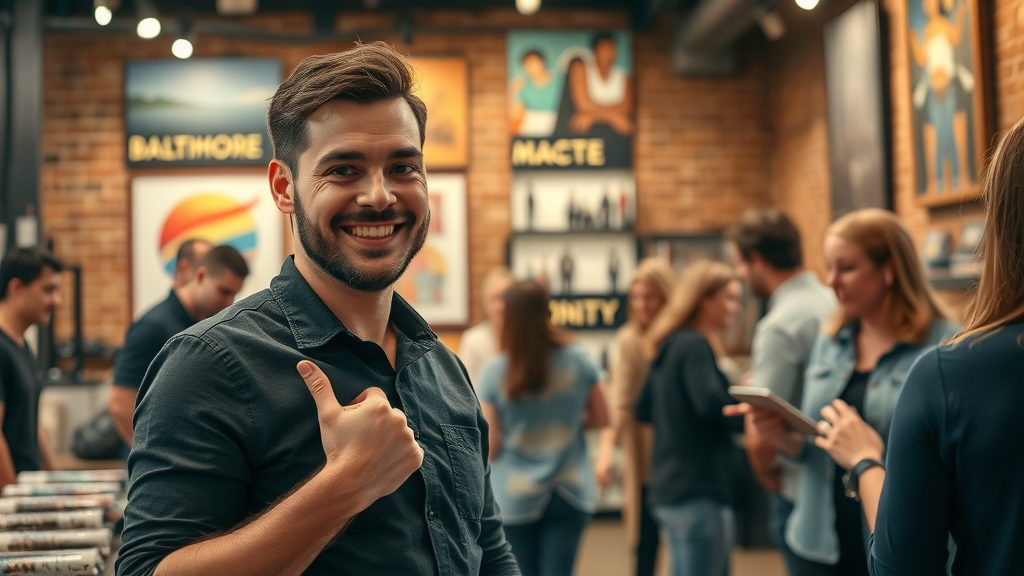 Motivated Baltimore small business owner engaging with customers after content marketing success
