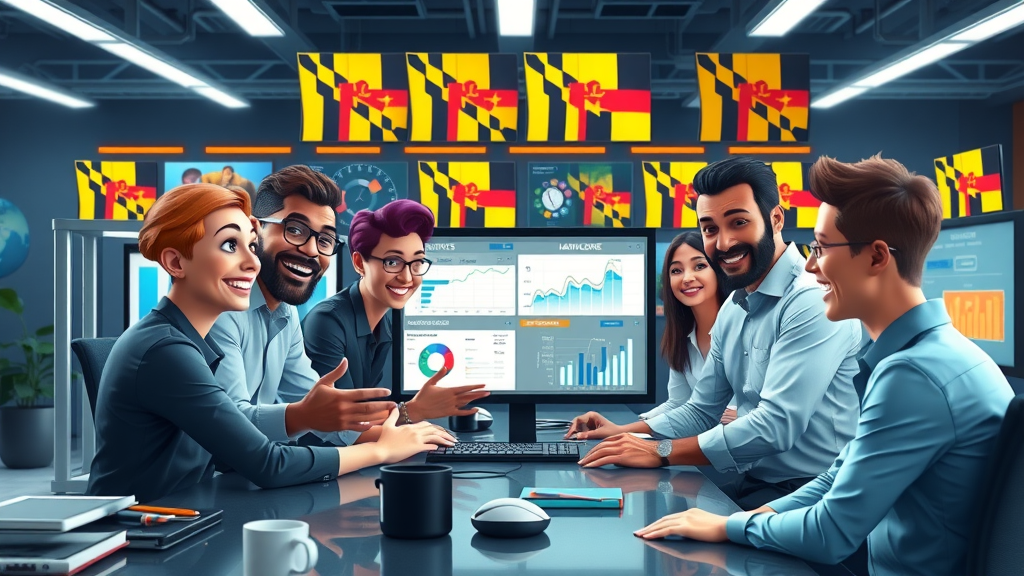 Collaborative team in a Baltimore-themed office comparing various social media analytics tools on multiple screens with digital billboards