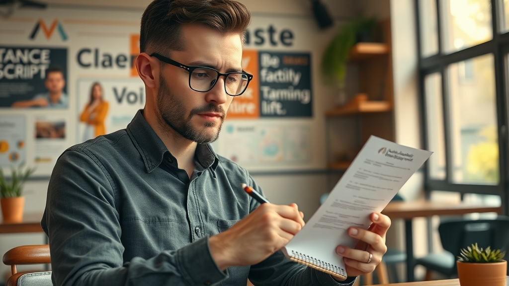 Scriptwriter drafting business branding video script at cafe - business video planning
