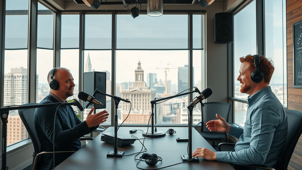 inviting modern podcast studio with Baltimore cityscape, podcast studio rates Baltimore, crisp contemporary equipment, daylight