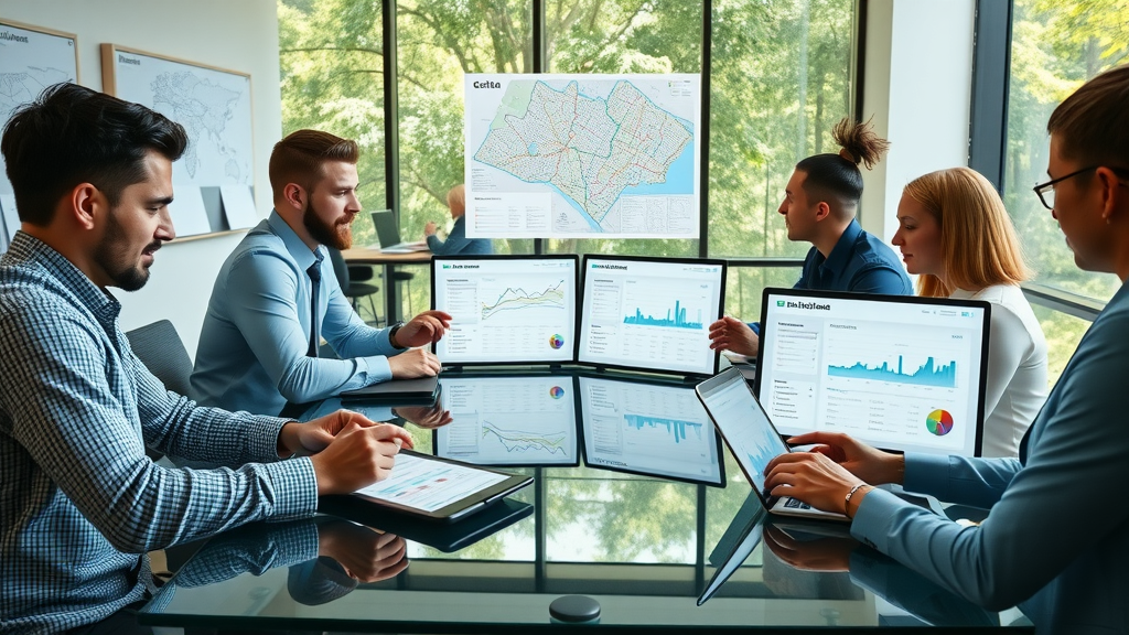 Baltimore seo team around glass table, collaborating on digital SEO dashboards with city map
