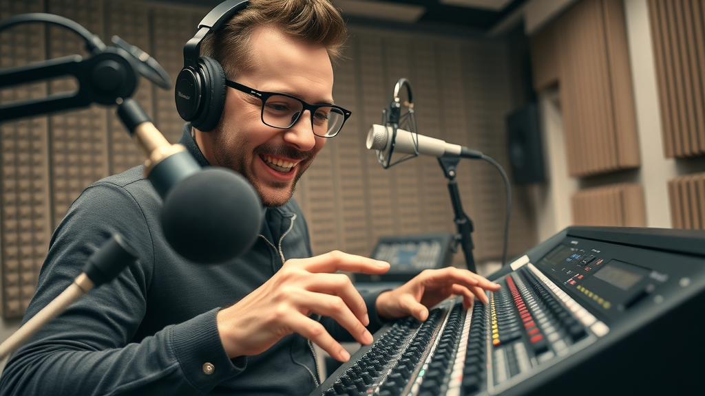 state-of-the-art recording studio for baltimore podcast creators with premium microphones, mixers, and audio engineer adjusting soundboard