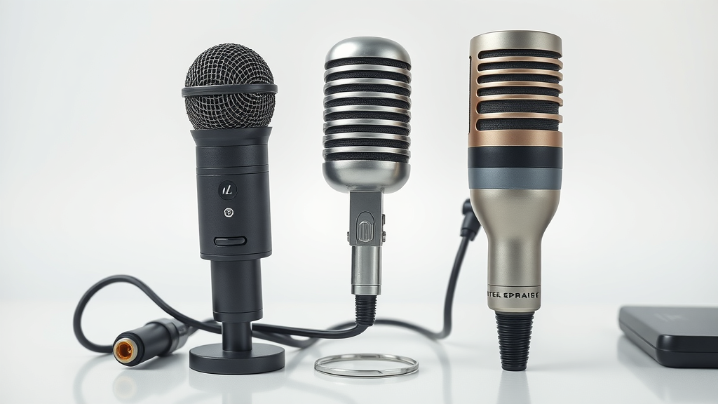 Close-up comparison between USB microphone, dynamic microphone, and condenser microphone for small business podcasting