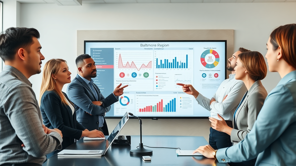 Baltimore brand awareness consulting team pointing at analytics display in conference room with local Baltimore decor