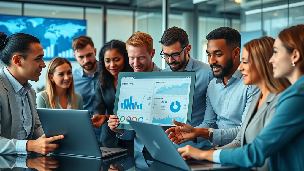 business professionals collaborating over social media analytics in a modern office environment, social media engagement strategies, vibrant group, digital screens, photorealistic high fidelity