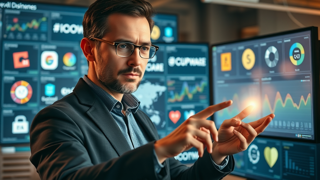 Brand manager evaluating various brand management tools and digital dashboards for online brand management. brand management tools.