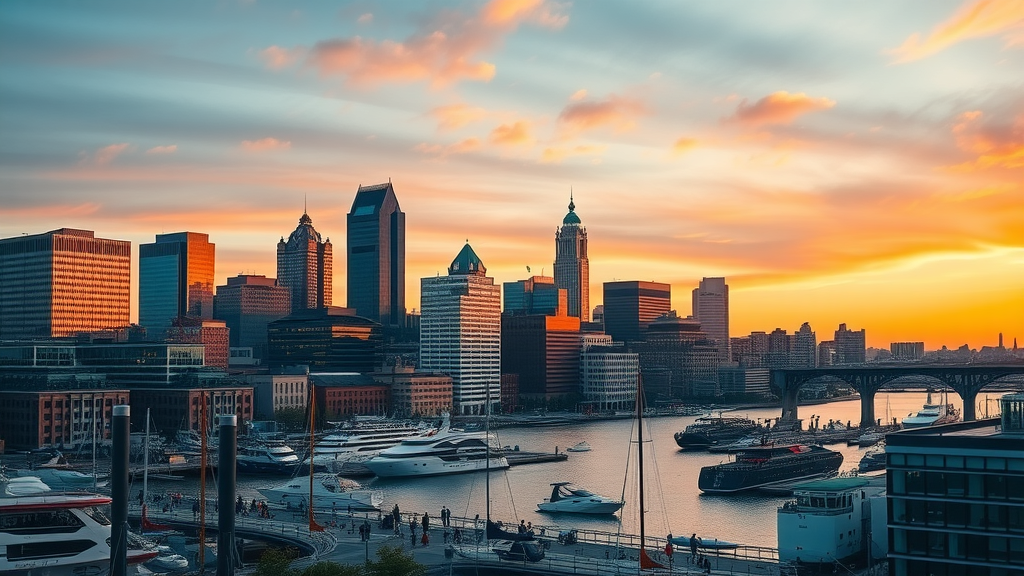 baltimore podcast marketing downtown skyline sunset vibrant city life harbor boats landmarks golden hour