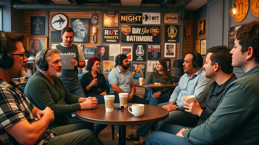 Baltimore podcast creators networking at local studio event