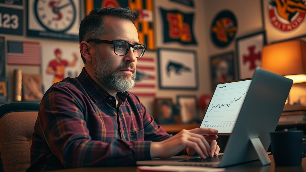 Motivated Baltimore business owner reviewing growth statistics on laptop, cozy office with Baltimore memorabilia. digital marketing and content plan Baltimore