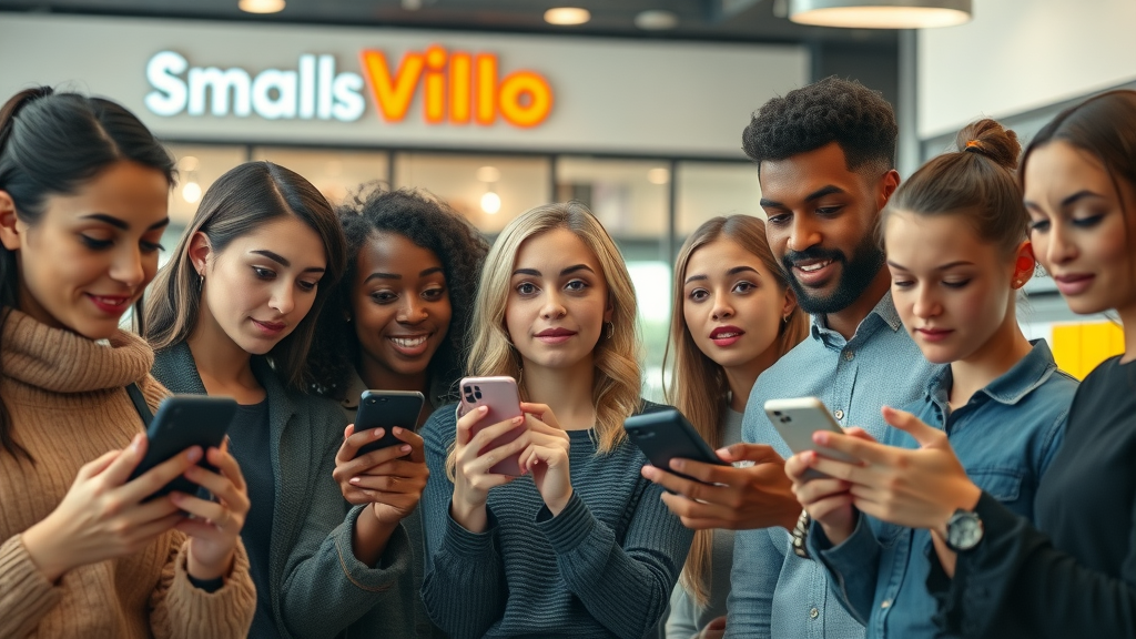 diverse group of small business customers watching video content on phones retail