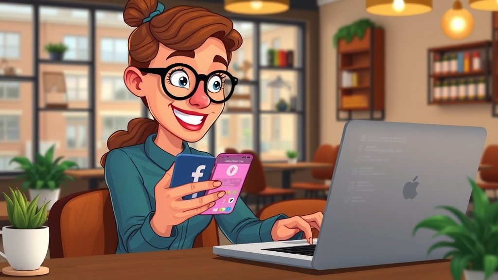 Social media manager in Baltimore curating content on laptop and smartphone, creating engaging posts in a cozy local coffee shop.