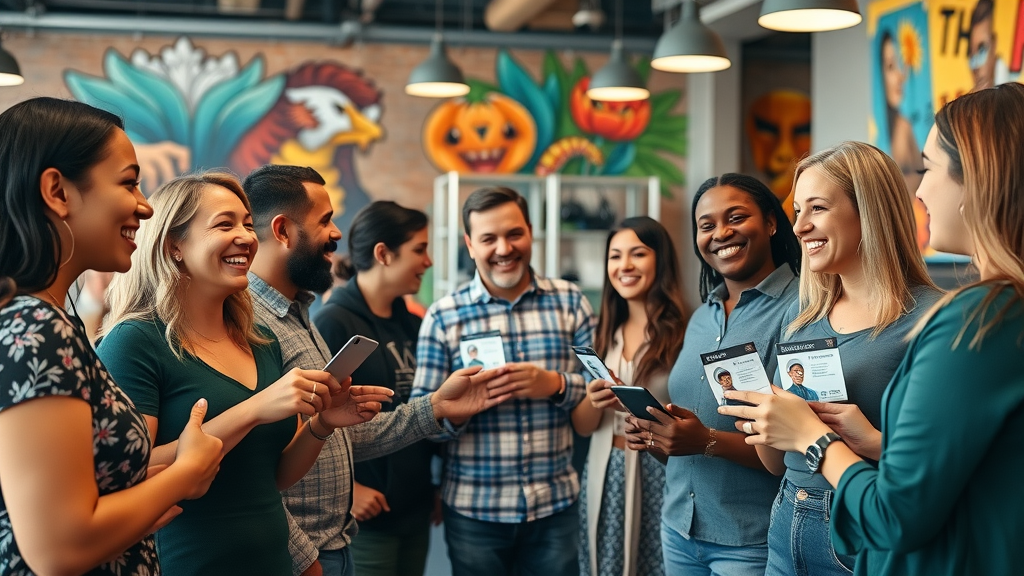 Baltimore small business owners networking at podcast event, vibrant coworking space, murals, lively group