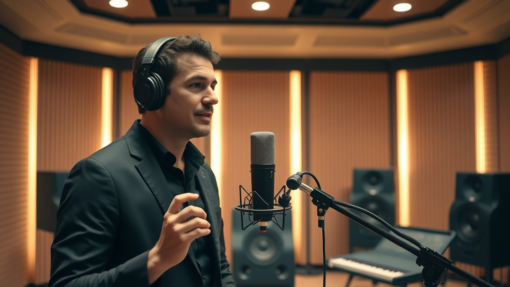 sleek recording studio, podcast studio rates Baltimore, advanced audio equipment, soft studio lights, high-fidelity sound environment