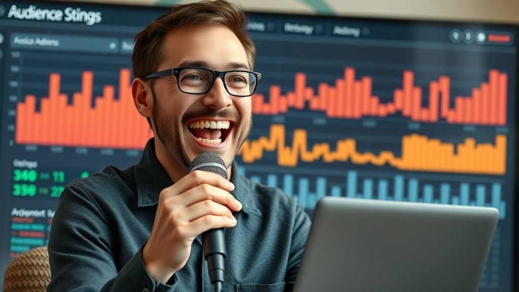 excited baltimore podcast host celebrating audience analytics improvement in professional podcast studio