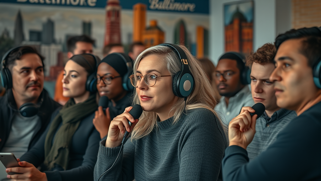 diverse group of Baltimore podcast listeners with headphones, listening to local business podcasts Baltimore