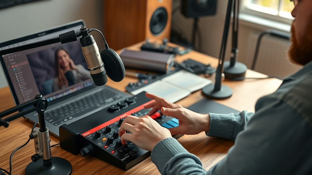 Scarlett audio interface and podcasting setup for small business podcasters adjusting dials