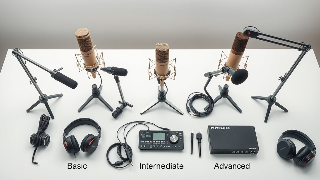 Side-by-side comparison of basic, intermediate, and advanced podcasting setups for small business hosts
