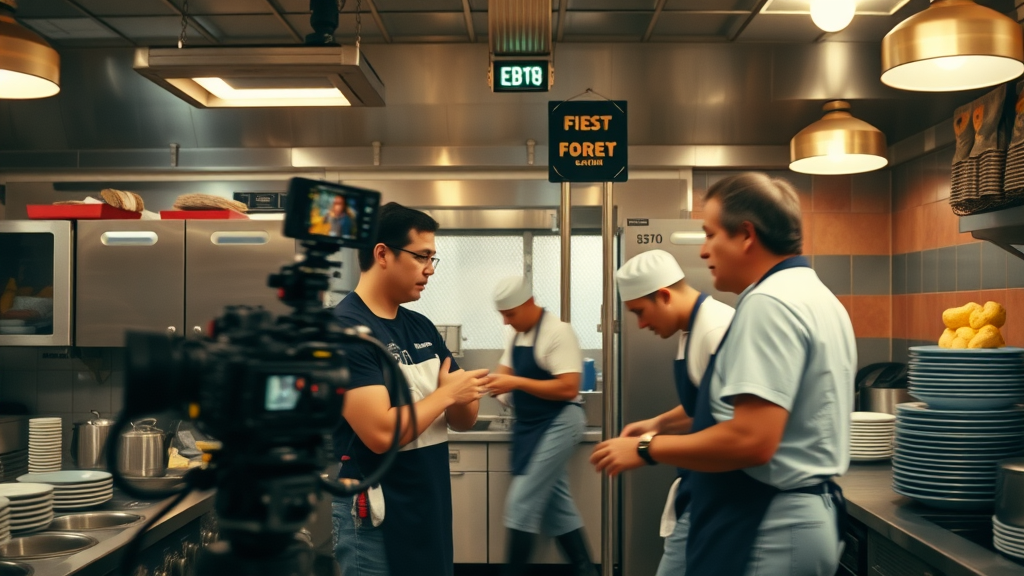 Baltimore video crew filming behind-the-scenes footage in a bustling eatery kitchen for authentic small business marketing.